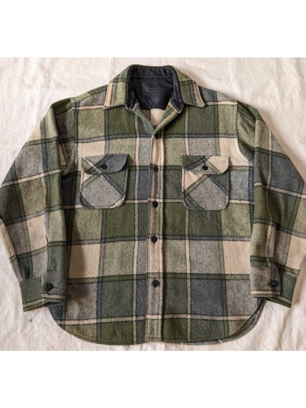 True Vintage 50s 60s CPO Flannel Green Plaid Wool Union Made USA Large